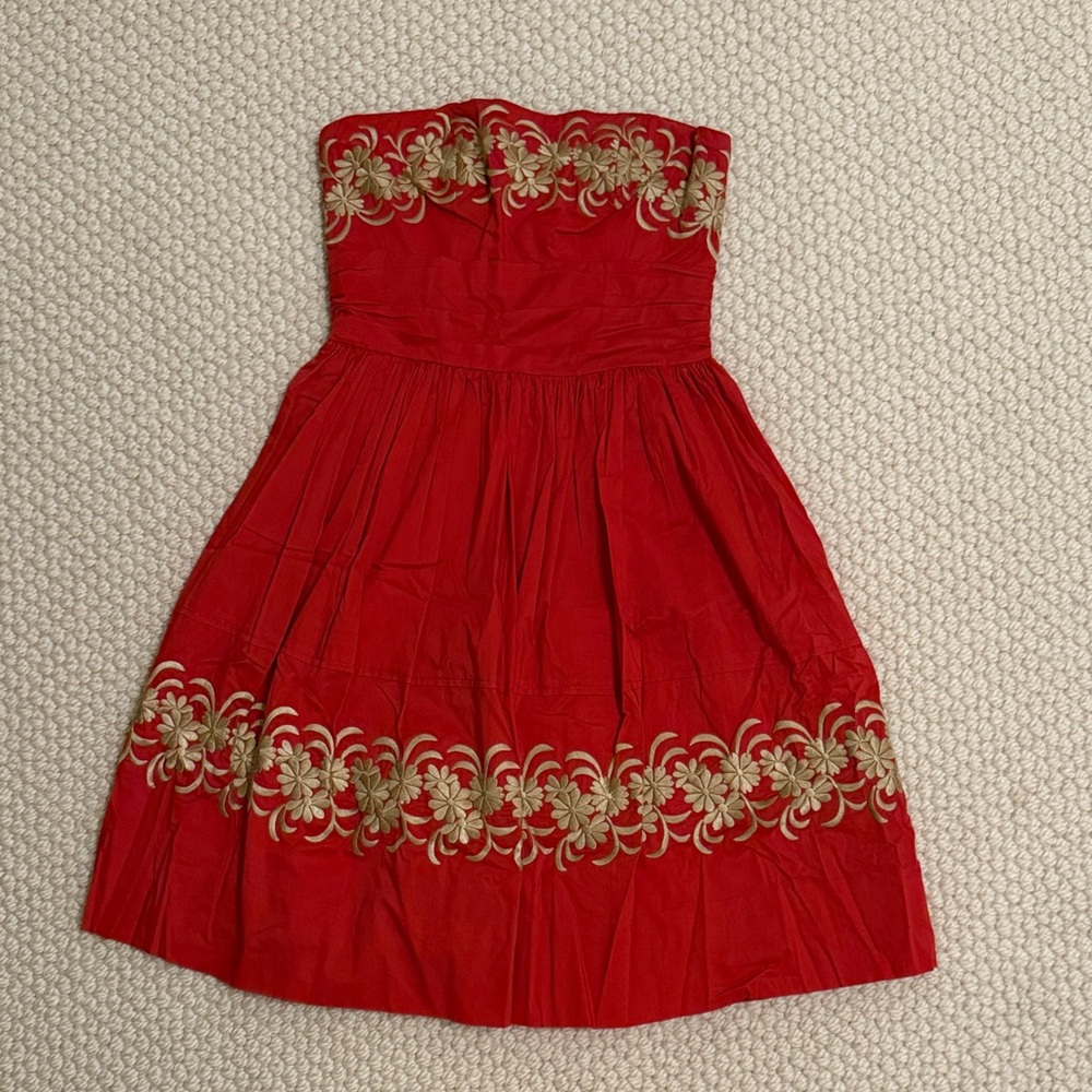 **SOLD** Anthropologie - Strapless Red Dress with Gold Floral Embroidery